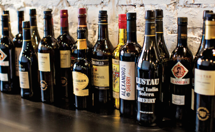 bottles of sherry and port