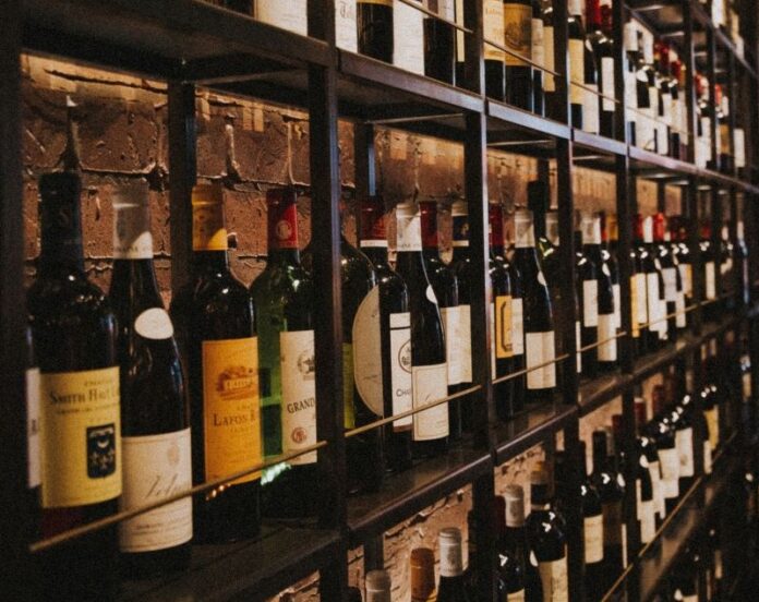 wine bottles on shelves