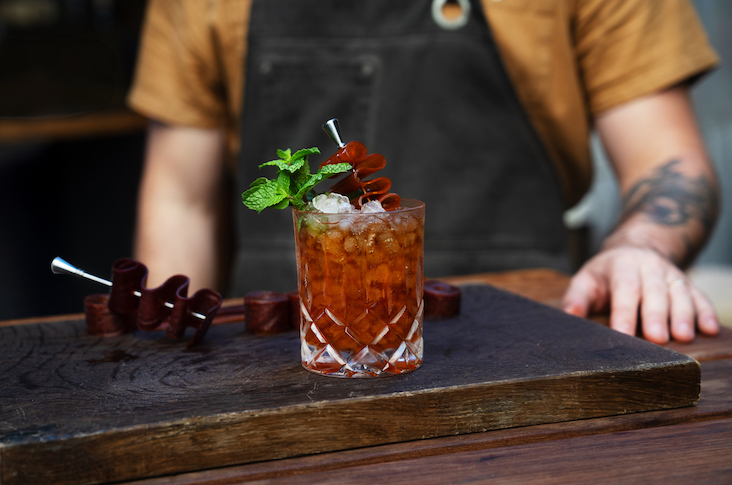cocktail with fruit leather garnish