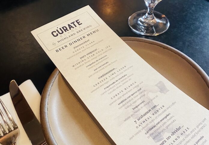 Beer pairing dinner menu from Curate restaurant