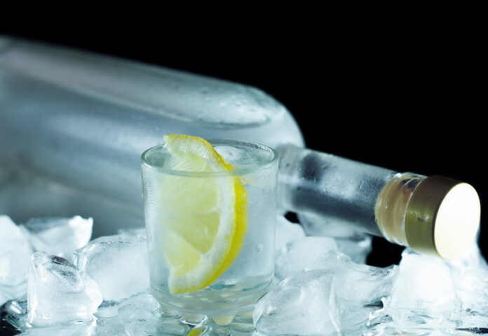 vodka bottle with shot glass
