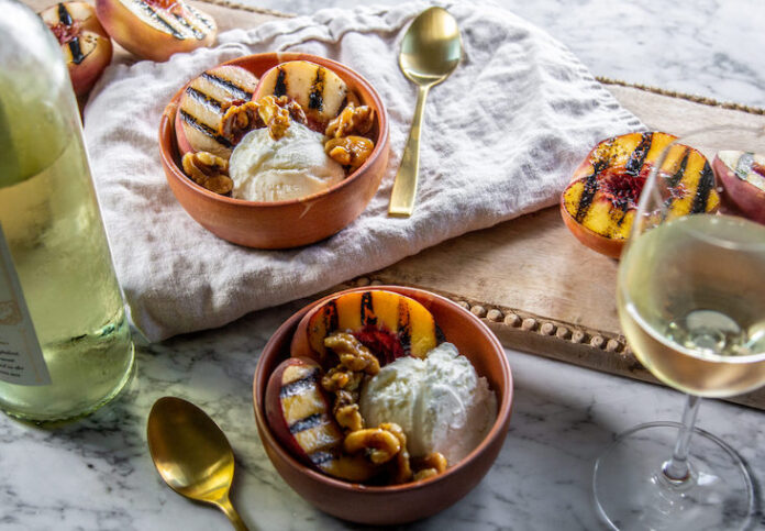 Grilled Peaches with Ice Cream and Honey Walnuts