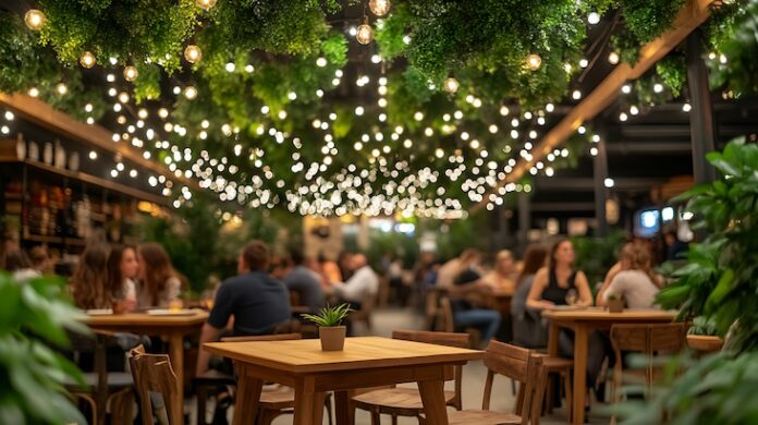 Crowded outdoor restaurant garden with tables