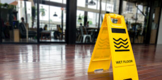 yellow plastic cone with sign showing warning of wet floor in restaurant