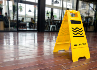 yellow plastic cone with sign showing warning of wet floor in restaurant