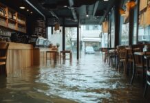 Interior view of a restaurant completely flooded after hurricane, with water reaching the tables
