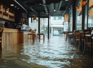 What Bars and Restaurants Should Do After a Major Storm Hits Interior view of a restaurant completely flooded after hurricane, with water reaching the tables