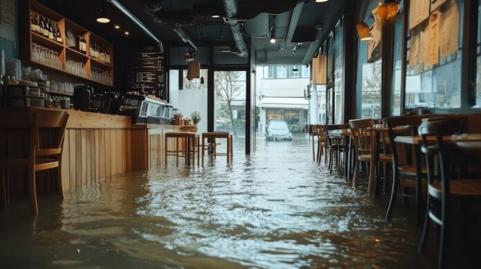 Interior view of a restaurant completely flooded after hurricane, with water reaching the tables