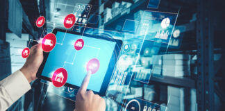 Smart warehouse management system with innovative internet of things technology to identify package picking and delivery . Future concept of supply chain and logistic network business .