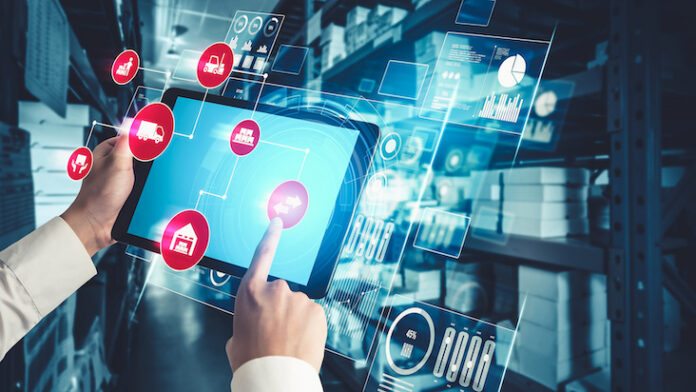 Smart warehouse management system with innovative internet of things technology to identify package picking and delivery . Future concept of supply chain and logistic network business .