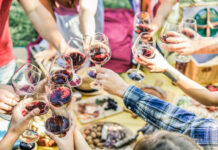 Group of friends enjoying picnic while drinking red wine and eating snack appetizer outdoor - Young people cheering and having fun together