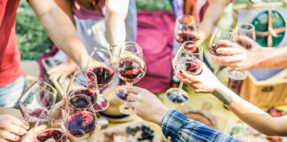 Group of friends enjoying picnic while drinking red wine and eating snack appetizer outdoor - Young people cheering and having fun together